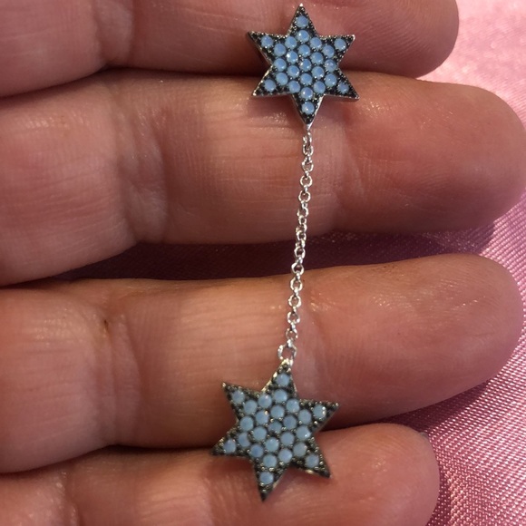 Stunning Blue Opalescent Double Star Sterling Silver Drop Earrings-Boutique - Picture 4 of 11